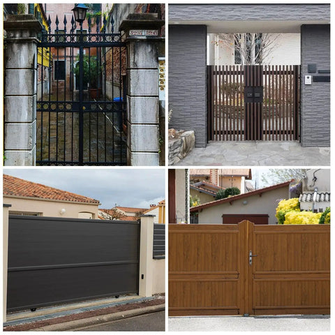 Collage of metal and wooden gates suitable for Heavy Duty Gate Wheel Spring Loaded Casters 4 Inch Sliding Gate Wheels