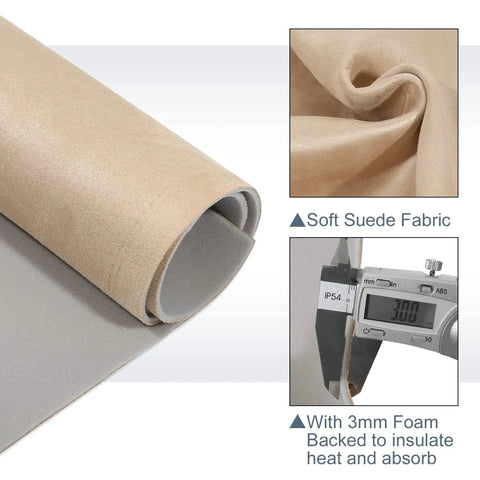 Beige Suede Headliner Fabric With 3mm Foam Backing For Car Truck SUV Interior showing rolled fabric and thickness measurement.