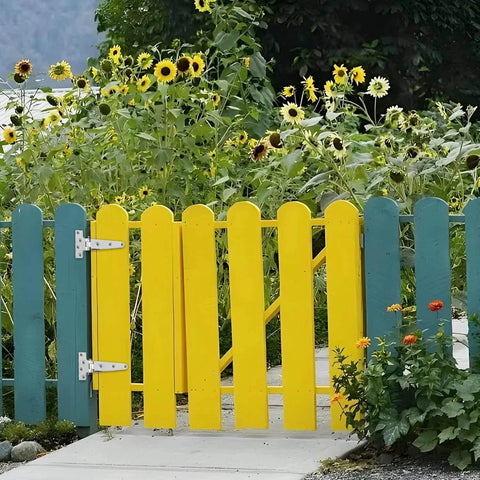 316 Stainless Steel T Strap Barn Door Hinges Heavy Duty 6 Inch Outdoor Gate Set Of 4 on yellow garden gate with sunflowers.