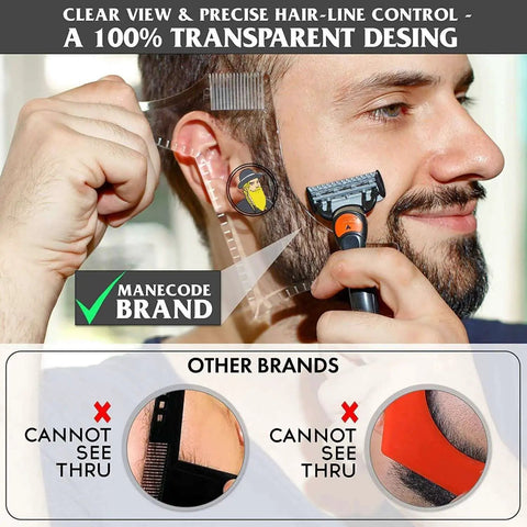 Man using Beard Shaping Tool With Comb For Perfect Lineup And Edging For Mens Jaw Cheek And Neck Lines With Symmetric Curve And Step Cut Guides Works With Any Beard Razor Trimmer Or Clippers Clear Pack