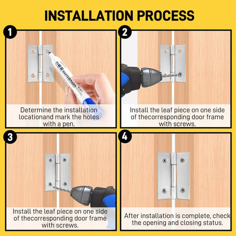 Six 2-inch stainless steel door hinges with screws; four-panel installation process diagram on wood doors.
