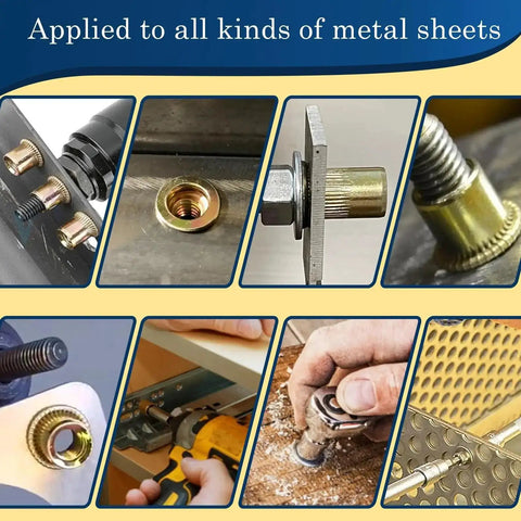 Collage showcasing the 115Pcs M6 Rivet Nuts Kit With Zinc Plated Carbon Steel Flat Head Nutserts for various metal applications.