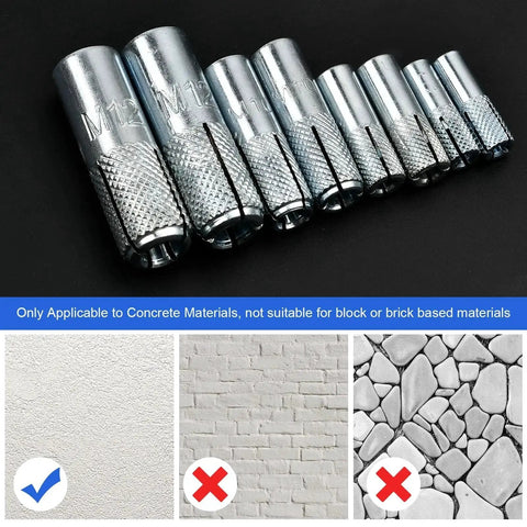 Assortment Of Concrete Anchors 60 Pcs Zinc Plated Carbon Steel Drop In Anchors For Concrete And Drywall Expansion Bolts In Four Sizes displayed
