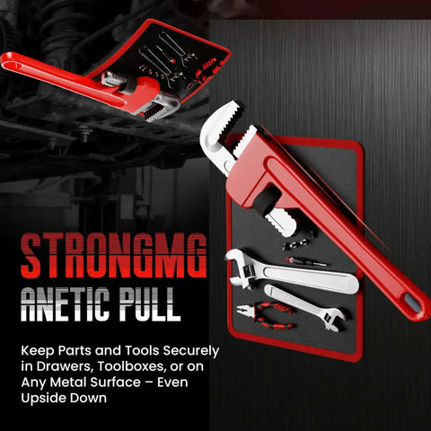 Magnetic Tool Mat 40-Lb Heavy Duty Magnetic Parts Holder Flexible Grip-Ready Non-Slip Tool Organizer With PVC Protection For Garage, Workshop And Auto Repair 9.8 By 12.9 Inches Red with tools.