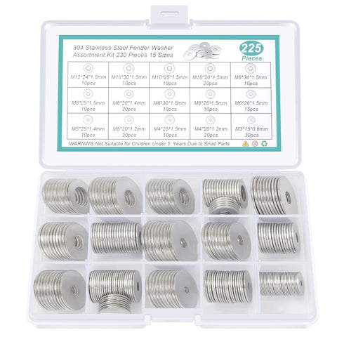 304 stainless steel flat washer set, 225 pcs in 15 sizes, stored in clear plastic case