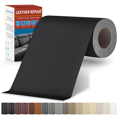 Self Adhesive Leather Repair Patch Kit In Black 4x79 Inch Tape For Couches Seats Furniture Vinyl Car Interiors Quick Fix For Scratches Tears Scuffs And Small Damages, showing a rolled black leather patch beside a box.