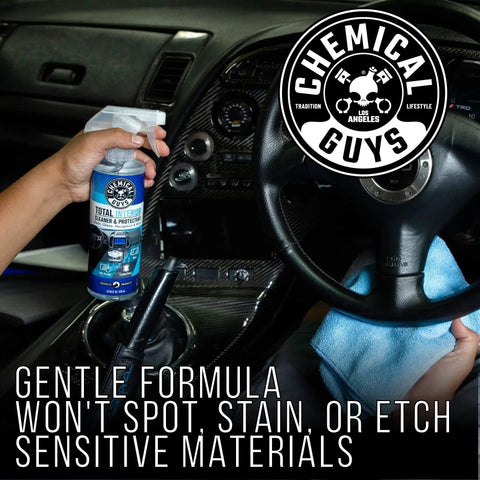 Person cleaning car interior with Total Interior Cleaner And Protectant For Leather Vinyl Plastic Glass Rubber