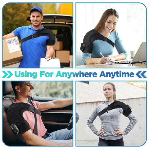Collage of people using Cordless Shoulder Heating Pad And Massager With Heat And Vibration Portable Shoulder Wrap in various settings