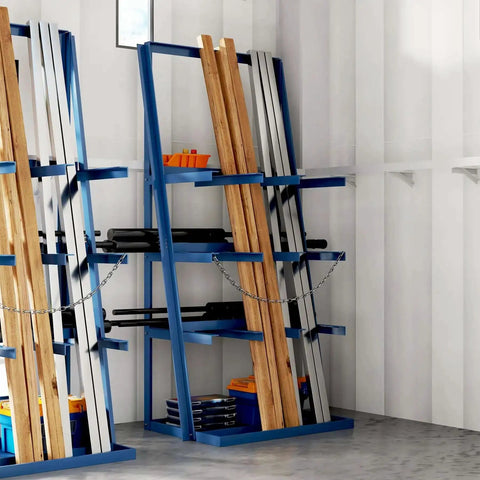 Vertical Bar Rack For Workshop Or Garage, Heavy Duty Pipe And Lumber Storage System With 3000 Lb Capacity, steel shelves, indoors.