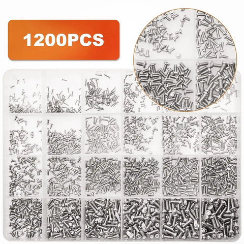Mini Pan Head Screws Kit For Eyewear And Small Electronics 1200 Pcs In 24 Sizes With Clear Storage Box Ni Plated Carbon Steel