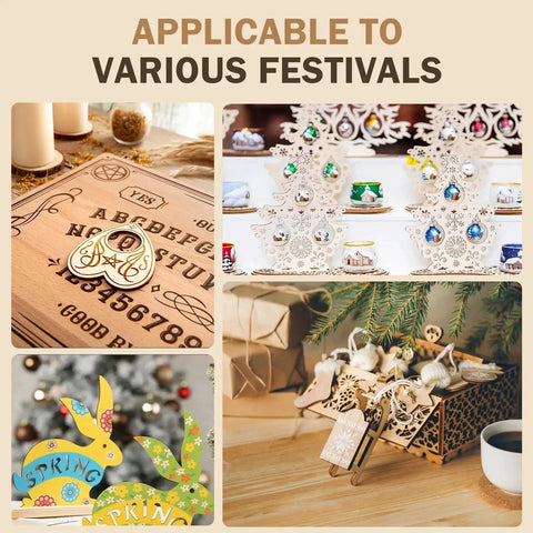 Collage of festival-themed crafts including wooden laser-cut decor and painted ornaments displayed indoors.