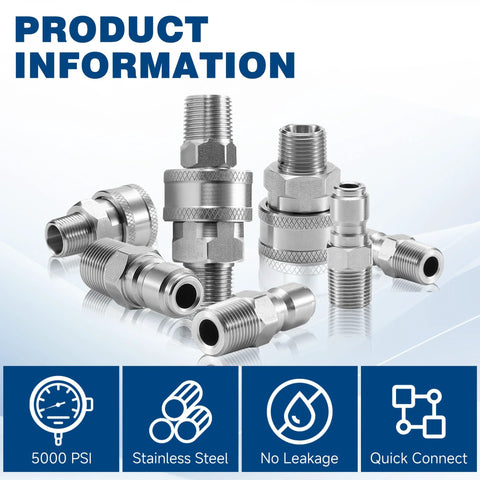 TasuoX 3/8 in NPT pressure washer adapter set, 12-piece stainless steel quick-connect fittings, 5000 PSI