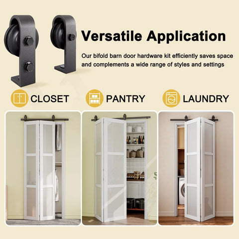 This heavy-duty 40 inch and bifold barn door hardware kit fits two 18 inch doors, versatile for closets, pantries, laundry rooms.
