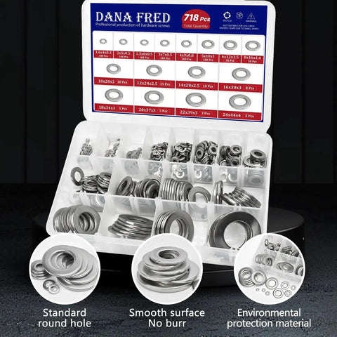304 Stainless Steel Flat Washer Assortment Kit M1.6 To M24 With 718 Pieces In 16 Sizes displayed in a plastic organizer case.