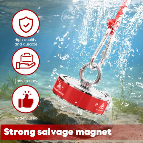 Beefy Neodymium Fishing Magnets 2600 Lb Pull Double Sided Magnets Fishing Kit in underwater use, attached to a rope