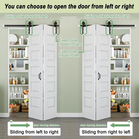 128 By 84 Inch Pre Assembled Bifold Barn Door With Five Lite Bi Fold Sliding Closet Doors And Hardware Kit Included 136 Inch Track Kit For Two Doors Easy To Install Moisture And Warp Resistant Pre Drilled Holes installed demonstration