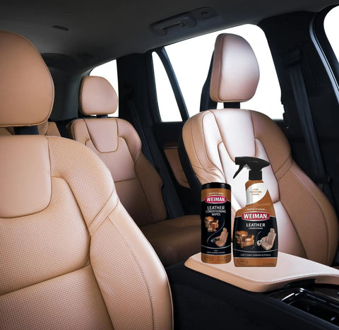 Leather Care 3 In 1 Cleaner Conditioner And UV Protector For Cars Furniture Shoes Purses And Handbags 2 Pack displayed in a car's interior.