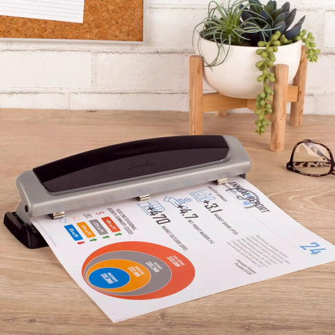 Office Workhorse 3 Hole Paper Punch with adjustable 2 to 3 hole settings, 10 sheet capacity, heavy-duty metal puncher in black and silver on desk