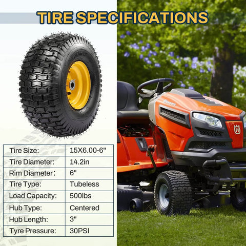 Two Pack 15x6-6 Tire And Wheel Assembly For Riding Lawn Mowers, front view with specifications, mounted on orange mower.