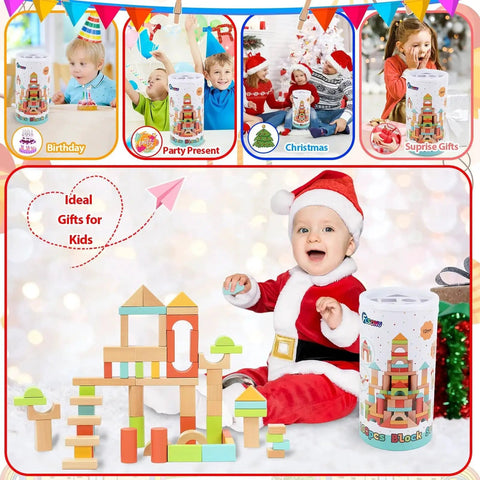 Wooden Building Blocks Set For Toddlers Ages 1 To 3, 100 Pcs With Storage Drum And Shape Lid, shown with child in festive setting.
