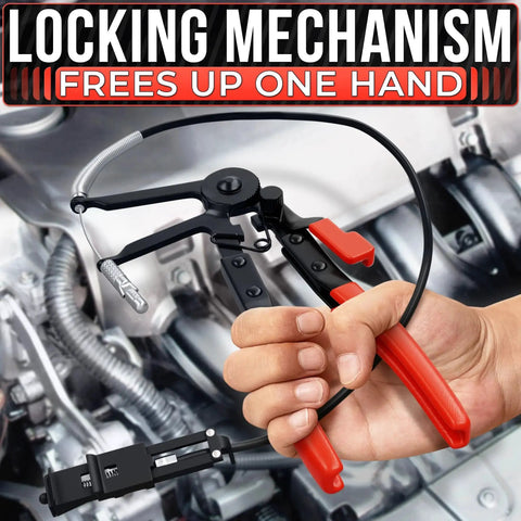 Radiator Hose Clamp Tool With Ratchet Locking Pliers For Easy One-Hand Operation in use, showing hand holding tool in engine bay
