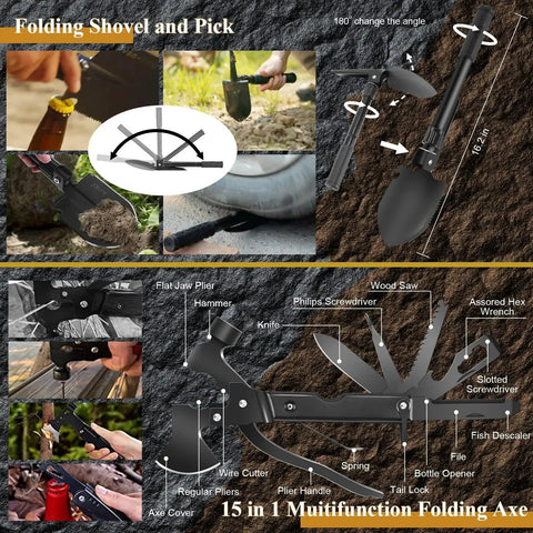 Folding shovel and axe from 318 Piece Emergency Survival Kit With Comprehensive Survival Gear And First Aid Supplies For Vehicle Travel Car Camping Hiking And Disaster Preparedness Perfect Gift For Him Men Christmas Birthday.