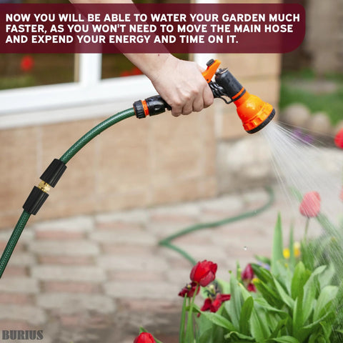 Amazon pressure washer hose connector with brass quick-connect on a green garden hose, orange spray nozzle watering flowers