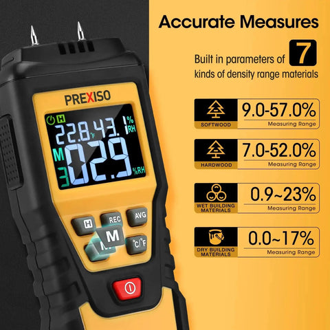 7 In 1 Digital Wood Moisture Meter For Firewood And Woodworking Pin Type Tester with display and range parameters chart