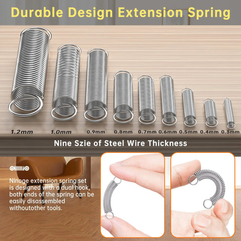 Beesini stainless steel extension springs set, 25 sizes, 100 pcs, thicknesses 1.2-0.3 mm with end loops