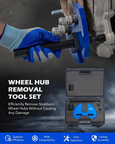 Wheel Hub Removal Tool Kit for Cars and Trucks in use with carrying case, remover plate, forcing screw, screw assembly, and washers.