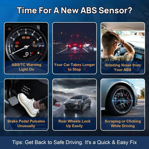 Rear ABS wheel speed sensor infographic with six warning signs of ABS issues.