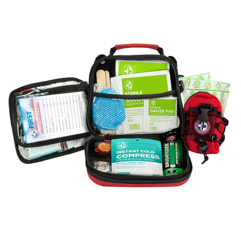 Open 398-Piece Emergency First Aid Kit with bonus mini backpack, featuring gauze, cold compress, and medical supplies for office, home, travel use.