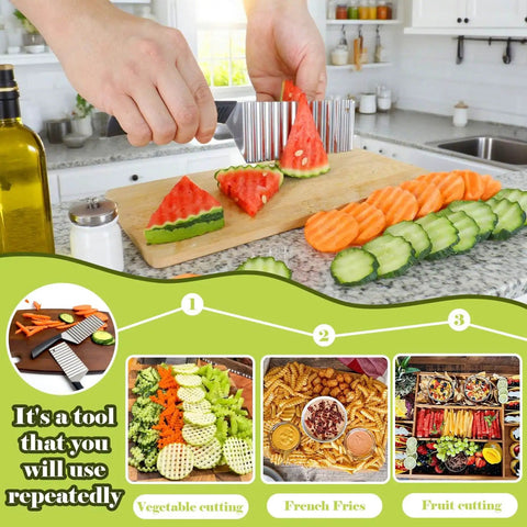 Person using Crinkle Cutter Wave Blade Slicer For Potatoes Carrots And Fruits FANTEXY Stainless Steel Waffle Fry in kitchen