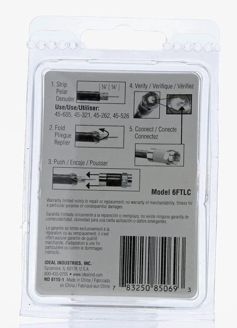 Back packaging of Nickel Push On F Connectors 4 Pack Ideal Industries TLC Design No Compression Tool Required.