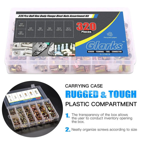 320Pcs Rivet Nut Assortment Kit M3 M4 M5 M6 M8 M10 M12 Half Hex Body Flange Rivet Nuts Zinc Plated Carbon Steel Flat Head Rivnut Set