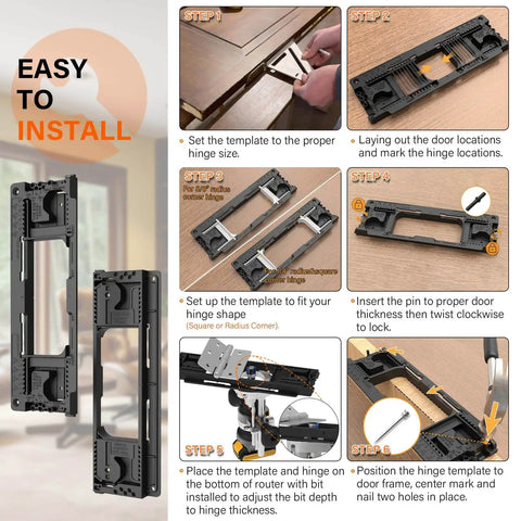 Hinge Mortiser Kit For Doors And Frames, Pro Grade Door Hinge Jig For Quick And Easy Install, assembly and usage steps shown.