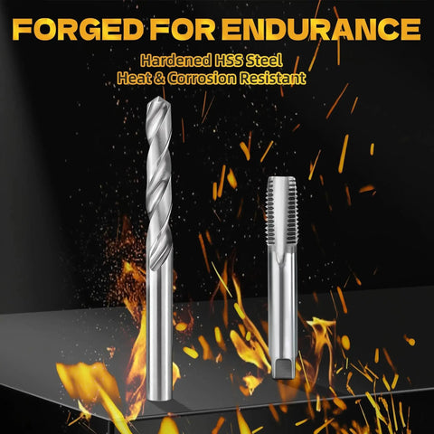 HSS drill bit and tap with flames for 322-Piece Pro Grade Helicoil Thread Repair Kit With Metric M5 To M12 And SAE One Quarter To One Half Inch Thread Restorers HSS Drill Bits Taps Thread Inserts Break Off Tools And Complete Automotive Repair Set.