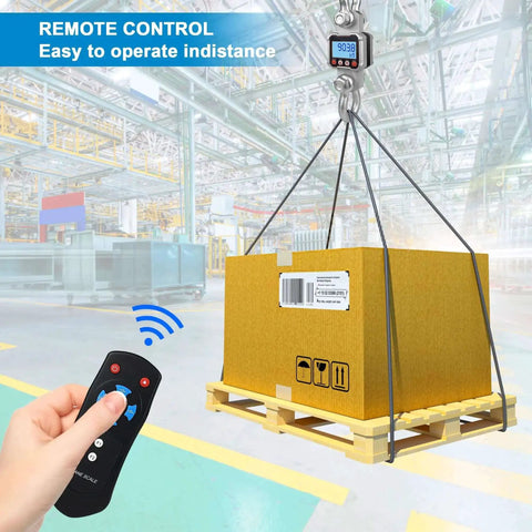 Beefy Heavy Duty Digital Crane Scale 5000kg 11000lb With Remote Control hanging a pallet box in an industrial setting