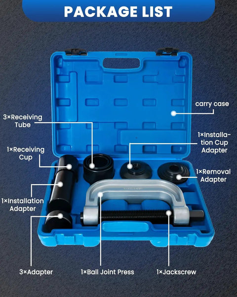 Ball Joint Press And U Joint Kit For Cars And Light Trucks 10 Piece Set in a blue carry case with labeled components visible