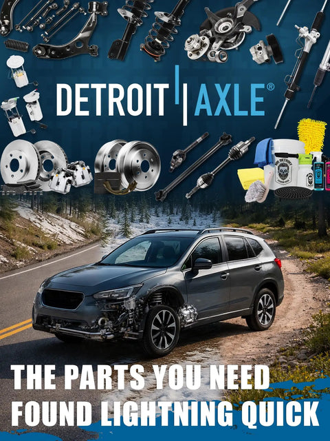 Car driving on road with automotive parts displayed above, featuring text 'Detroit Axle' and 'The Parts You Need Found Lightning Quick'.