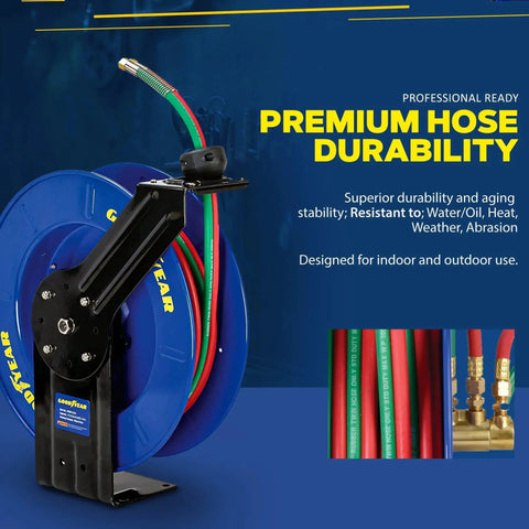 Retractable Welding Hose Reel With Twin Oxygen And Acetylene Rubber Hoses Heavy Duty Steel Arm Three Hundred PSI Rating