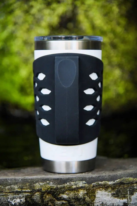 Protective Silicone Tumbler Sleeve with Handle for 20 oz Stainless Steel Vacuum Insulated Mug, black grip outdoors