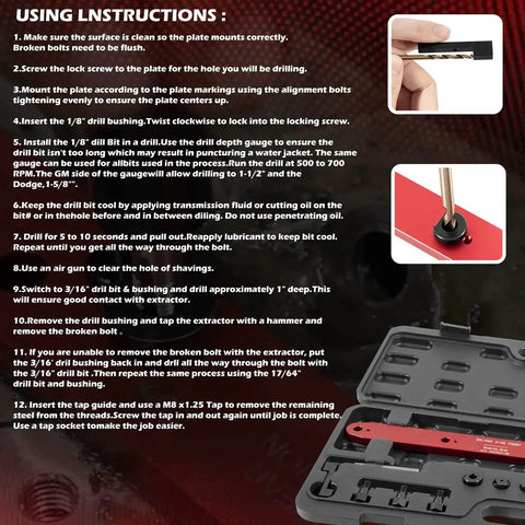 Instructions for using Manifold Drill Template for GM LS Engines 1999-2007 Removes Broken Exhaust Bolts with tools and kit details.