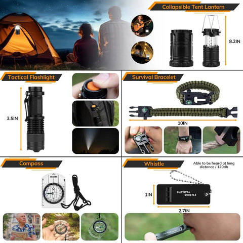 250 In 1 Survival Kit With 250 Pieces Of Tactical Gear And Trauma Bag First Aid Supplies Molle Crossbody Bag Emergency Tent Lantern For Earthquake Bug Out Outdoor Adventures And Gifts For Men featuring lantern, flashlight, bracelet, compass, and whistle.