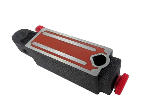 Solid 45 Pound Magnetic Base for Caliper and Indicator Accessories Made in USA, side view showing red adjustable knobs