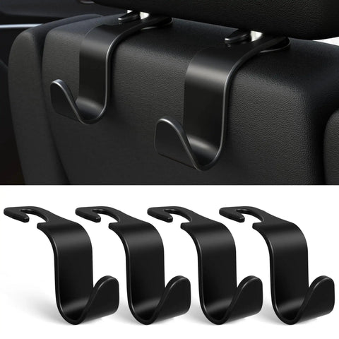 Car Seat Headrest Hooks 4 Pack Universal Hanger Organizer For Purse And Coat shown installed on car seat and in a row