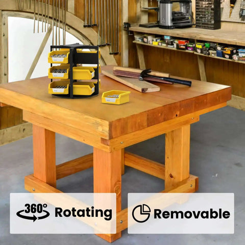 Rotating 12 Bin Tool Organizer For Nuts Bolts And Small Parts, Easy Access Lid Free Storage Rack For Garage on workbench