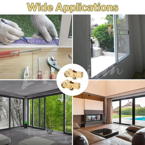 Collage showing Two Pieces Sliding Door Tandem Roller Assembly Heavy Duty One And One Quarter Inch Replacement For Sliding Glass Doors And Screens 120 Kg 265 Lbs Load Capacity Per Pair Corrosion Resistant Alloy Steel Construction in various installations.