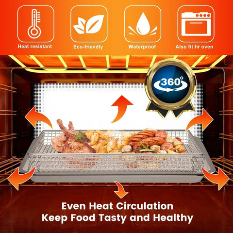 Stainless Steel Mesh Air Fryer Basket Replacement For Convection Toaster Ovens That Fits TOA-60 TOA-65 TOA-70 with food cooking inside