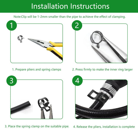 Rierdge 40pcs 1/4 ID spring band clamps kit; black clamps for 6.5-7.2 mm OD hoses with installation steps